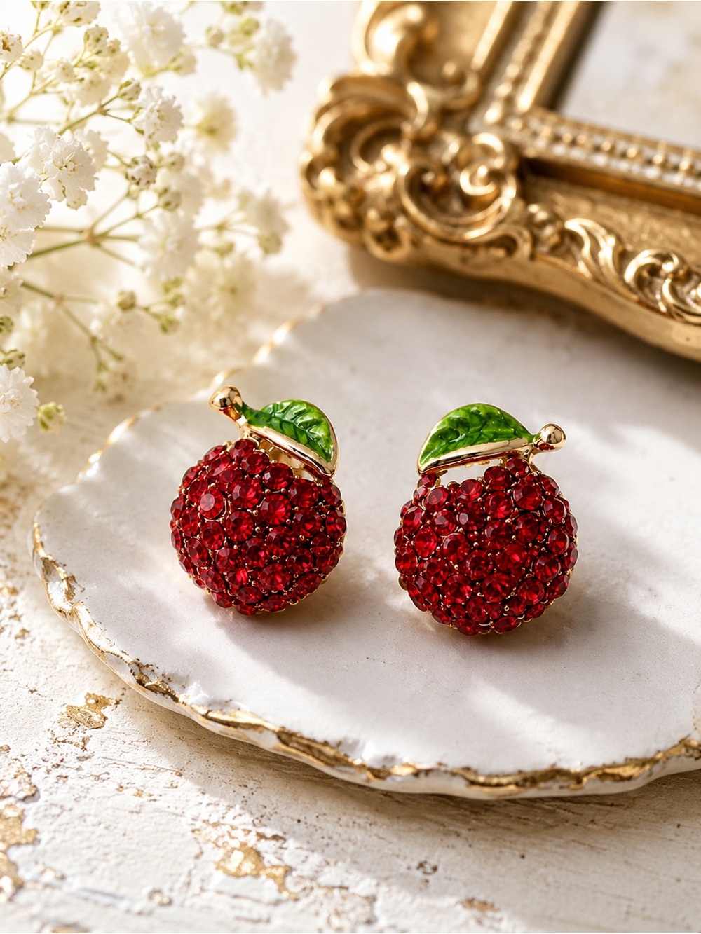 Red Crystal Apple Stud Earrings with Green Leaf Accent